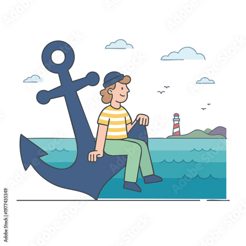 Young person sitting on a large anchor by the sea.