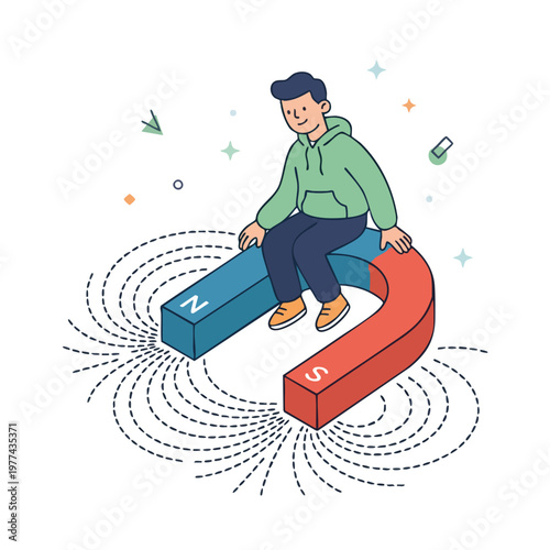Young Person Sitting on Horseshoe Magnet Demonstrating Magnetic Field.