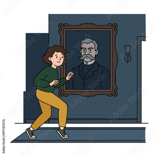 Young person startled by old portrait in dark hallway.
