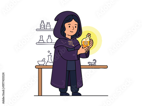 Young wizard holding glowing potion bottle in laboratory.