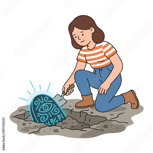 Young woman carefully excavating ancient artifact with glowing symbols.