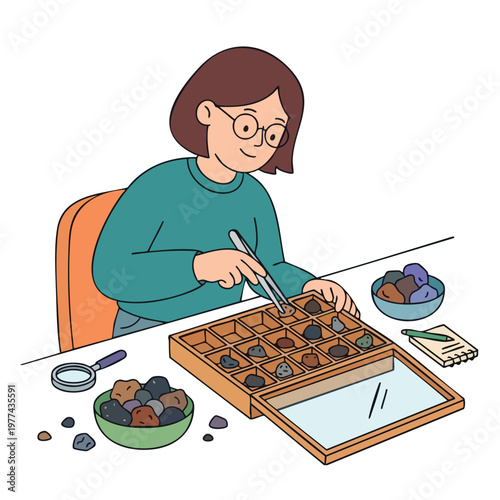 Young woman examining rocks in a collection box.