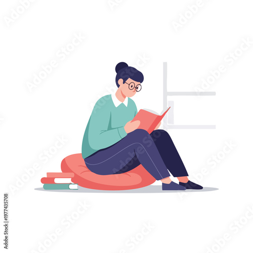 Young Woman Reading Book on Stack of Books.