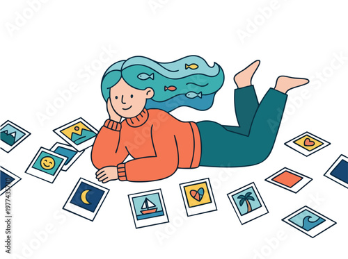 Young woman surrounded by instant photos recalling memories.