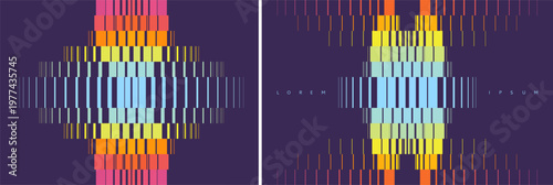 An abstract mechanical part in rotation. Futuristic concept. Engineering cover. Industrial style. Image of multiple lines and rectangles of varying thickness with a transition effect. Vector.