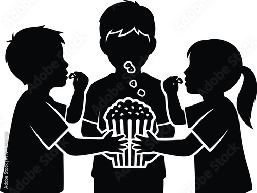 Children sharing popcorn, three kids eating from bucket, black and white vector graphic.