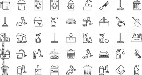 Comprehensive house cleaning tools and equipment line icon set vector illustration including vacuum mop bucket detergent and hygiene symbols isolated on transparent background