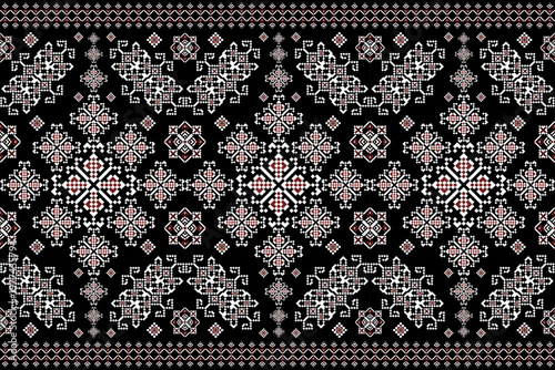 Seamless ethnic geometric pattern with repeating diamond and floral-inspired motifs in warm orange, black, beige, and white. Bold decorative design suitable for textiles, wallpapers, and surface decor