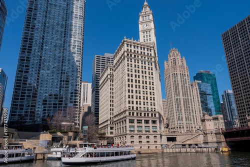Chicago River front buildings at the end of Magnificent Mile