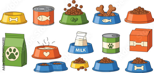 Pet Food Collection with Dog and Cat Bowls Kibble Cans Milk and Packages for Animal Nutrition Feeding Supplies and Veterinary Illustration Design