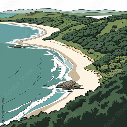 Illustration of a serene beach with lush greenery and rolling hills in the background near the ocean shore
