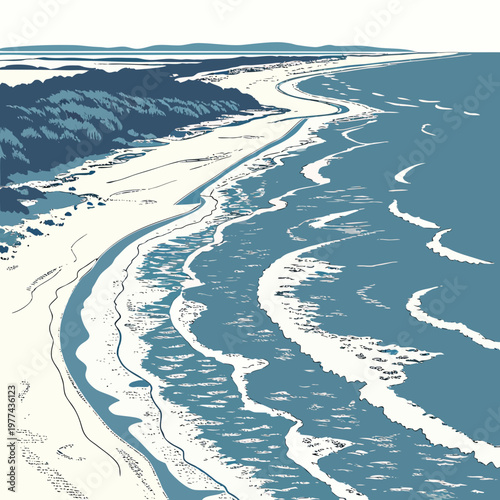 A serene coastal landscape with a winding river flowing into the ocean, surrounded by sandy shores and distant mountains under a clear sky