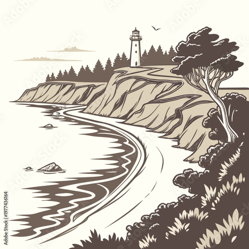 A serene coastal landscape featuring a lighthouse on a cliffside with trees and a winding shoreline by the sea