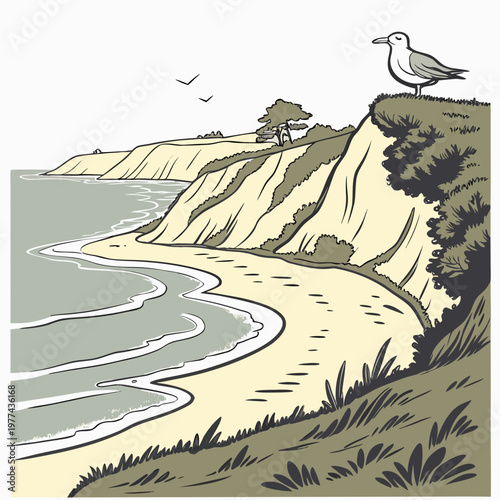 A serene coastal landscape with a seagull perched on a cliff overlooking a sandy beach and ocean waves gently lapping at the shore