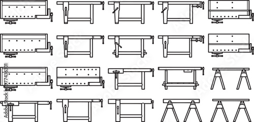 A comprehensive collection of various workbench designs, offering detailed blueprints for woodworking enthusiasts and professionals alike.