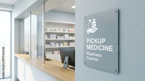 Pickup medicine sign on wall in pharmacy counter area with blurred shelves and computer in background, clean modern healthcare environment