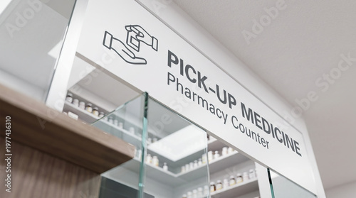 Pharmacy medicine pick up counter bottle glass shelf healthcare prescription drugstore interior white sign label container treatment medication pharmaceutical clinic hospital health cure remedy