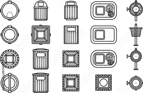 A meticulously crafted collection of trash cans and ashtrays, rendered in a crisp, clean monochrome palette. Featuring a variety of shapes and sizes.