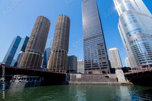 Chicago River front buildings at the end of Magnificent Mile