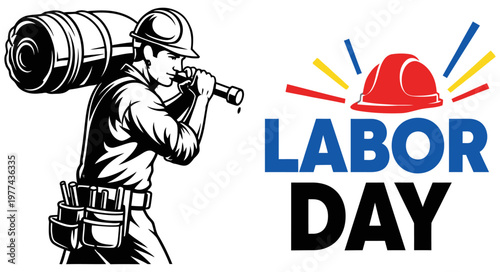 Vintage labor day illustration a worker carrying a barrel and tools