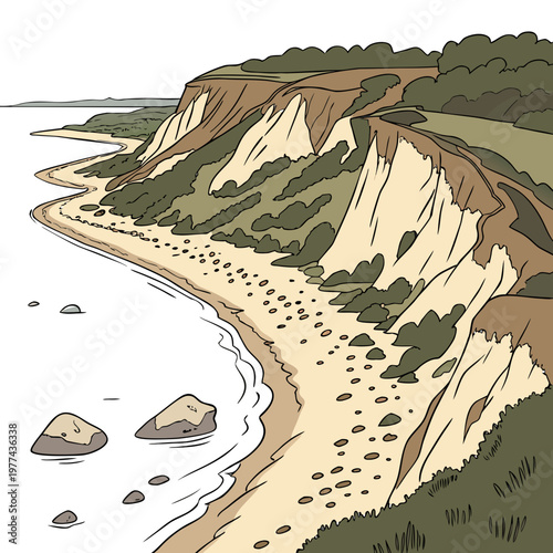 Illustration of a scenic cliffside beach with sandy shore and rocky coastline