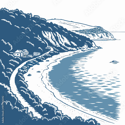 A serene coastal landscape with a winding road along a beach and buildings on a hillside overlooking the ocean