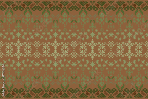 Seamless ethnic geometric pattern with repeating diamond motifs in warm earth tones. Symmetrical decorative design suitable for textile, fabric, wallpaper, and surface design.