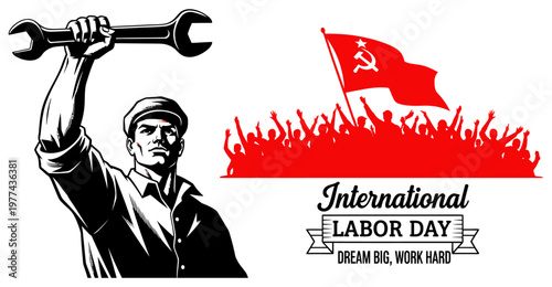 International labor day illustration worker with wrench and red flag