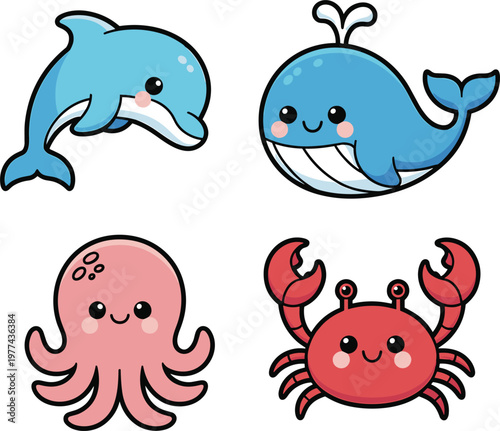 Cute cartoon sea animals set including dolphin, whale, octopus and crab, vector illustration design