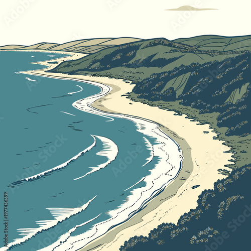 A serene beach scene with rolling waves and lush green hills in the background on a sunny day with blue waters and sandy shore