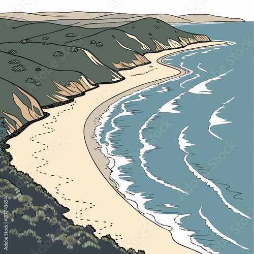 A serene beach scene with rolling waves and green cliffs overlooking the ocean on a sunny day with sandy shoreline