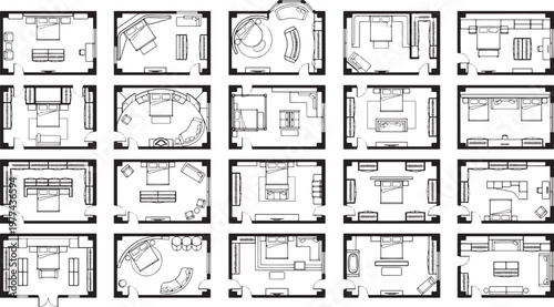 A detailed architectural floor plan of various room layouts, providing insight into interior design arrangements and spatial planning.