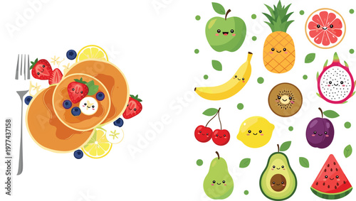 Healthy breakfast bowl with fruits and cute tropical fruit characters vector illustration set isolated on transparent background for food and lifestyle design