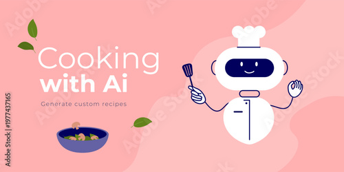 Design template ai app generate custom recipes. Happy chef robot with kitchen utensils in hand suggest cook help. Artificial intelligence technology in cooking. Easy preparing food vector illustration