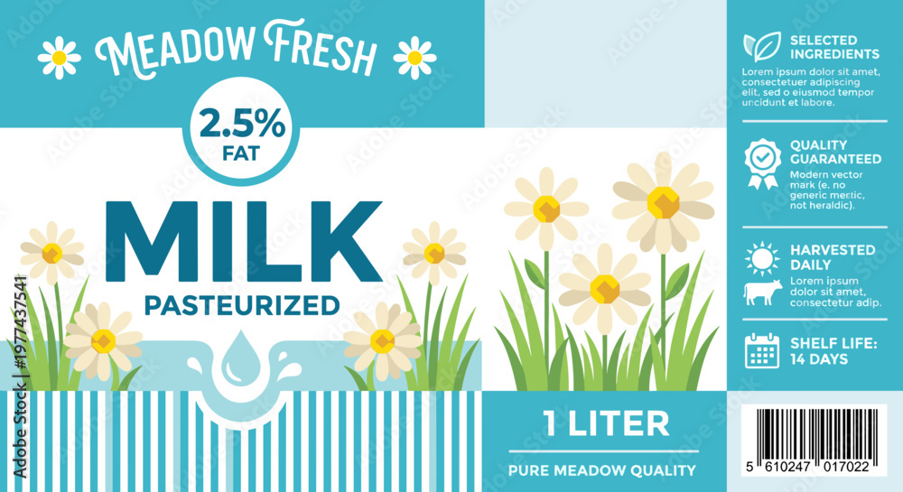 Fototapeta premium Packaging design of Meadow Fresh milk with a focus on pasteurization and quality for a 1 liter bottle
