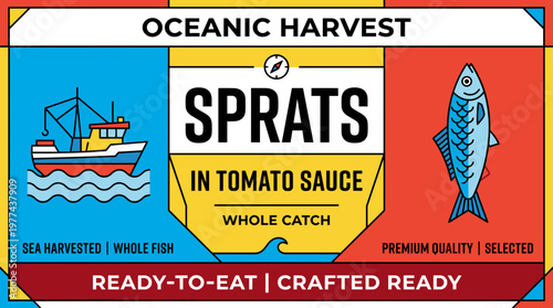 Design of a packaging label for sprats in tomato sauce featuring a boat and fish graphics