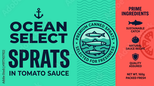 Packaging design for canned sprats in tomato sauce with a focus on freshness and quality assurance