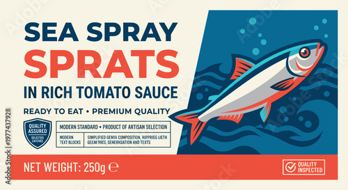 Packaging design for Sea Spray Sprats in rich tomato sauce with clear details for consumer information