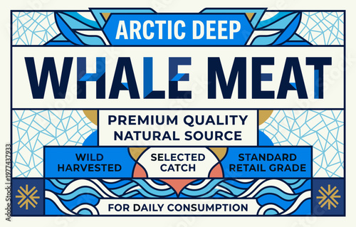 Packaging design for whale meat label featuring premium quality and natural source details