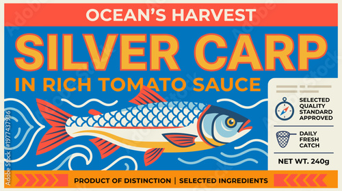 Packaging design label vector for Ocean's Harvest Silver Carp in tomato sauce