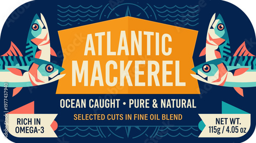 Packaging design for Atlantic mackerel label presenting details about product quality and nutritional benefits
