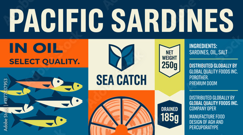 Packaging design label for Pacific sardines product featuring Sea Catch brand and ingredient details in clear layout