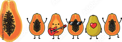 Cute papaya fruit characters vector illustration set with smiling tropical fruits playing guitar and fun cartoon poses isolated on transparent background