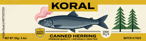 Canned herring packaging design featuring vector art and natural elements with clear branding and details