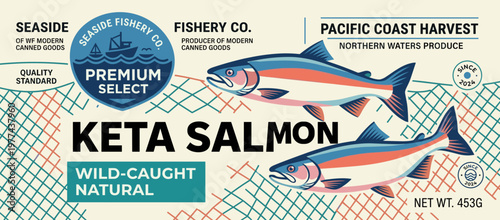 Packaging design label for keta salmon from Seaside Fishery Co in Pacific Coast