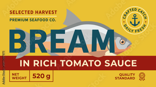 Design for packaging label featuring bream in tomato sauce by Selected Harvest Premium Seafood Co with quality mark