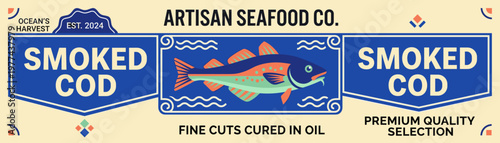 Design for artisan seafood packaging featuring smoked cod with quality details and artistic elements created in SVG vector format