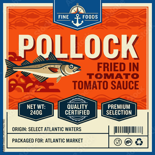 Packaging design label for pollock fried in tomato sauce with details on quality and origin