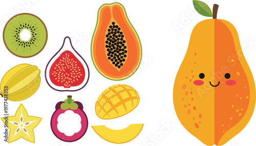 Exotic tropical fruits vector illustration set including papaya kiwi fig mango starfruit mangosteen and cute character fruit isolated on transparent background