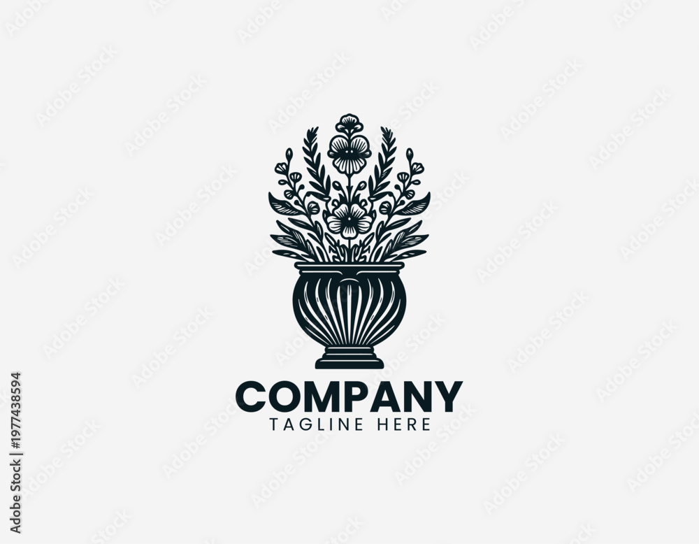 Fototapeta premium Seashell with blooming flowers is illustrated in clean detailed botanical line vector logo style on white background